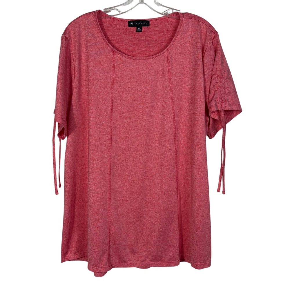 N Touch Women's Coral Pink Ruched Side Athletic Moisture Wick Short Sleeve Top